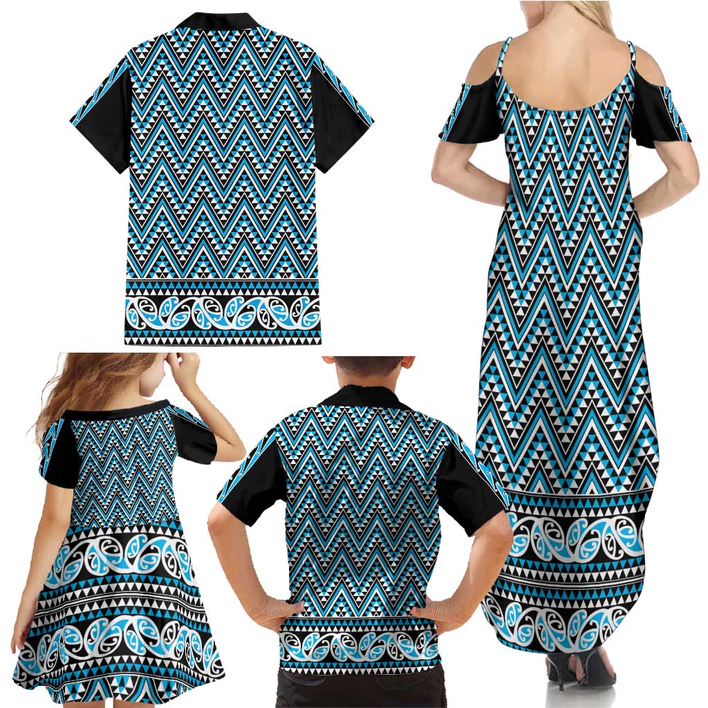 New Zealand Maori Niho Taniwha Family Matching Summer Maxi Dress and Hawaiian Shirt Kikorangi Mangopare and Puhoro Pattern