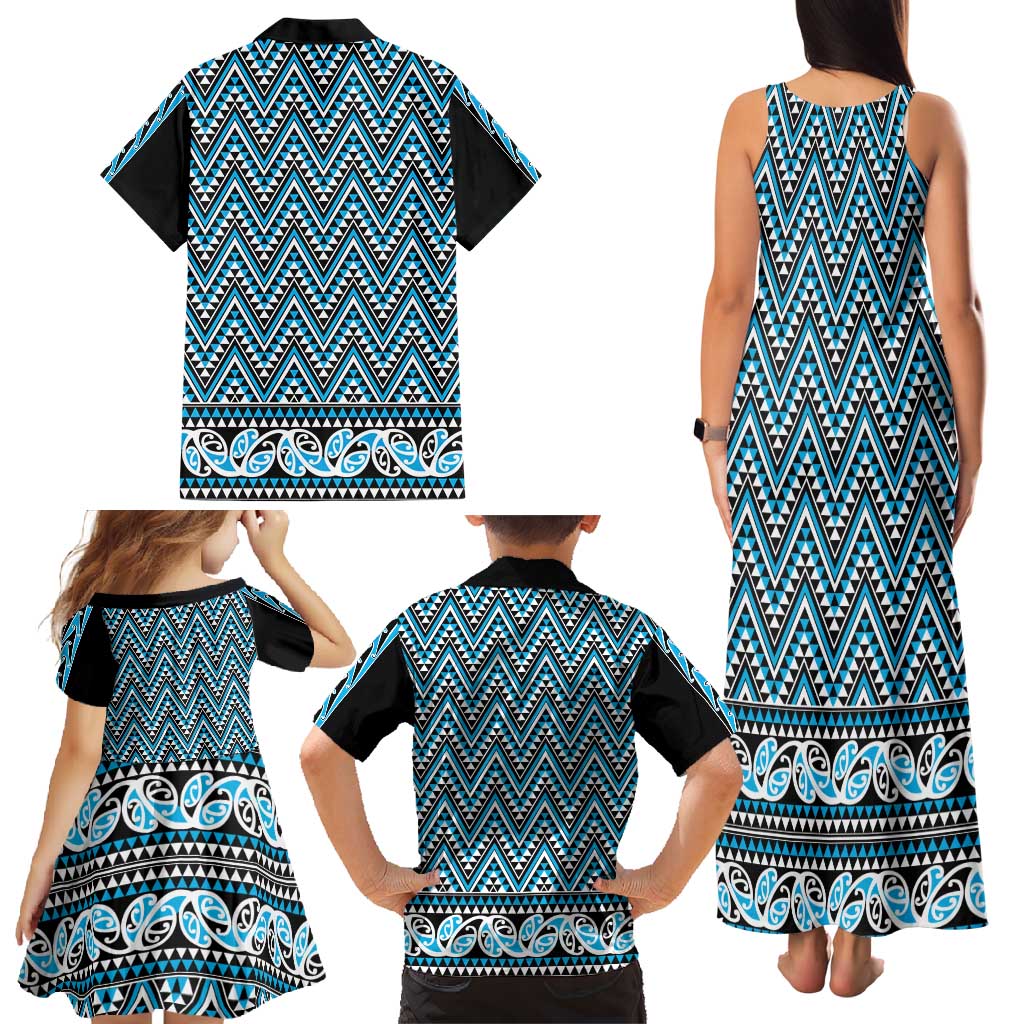 New Zealand Maori Niho Taniwha Family Matching Tank Maxi Dress and Hawaiian Shirt Kikorangi Mangopare and Puhoro Pattern