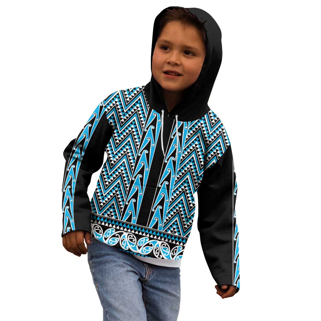 New Zealand Maori Niho Taniwha Kid Hoodie Kikorangi Mangopare and Puhoro Pattern