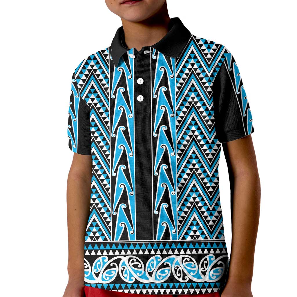 New Zealand Maori Niho Taniwha Kid Polo Shirt Kikorangi Mangopare and Puhoro Pattern