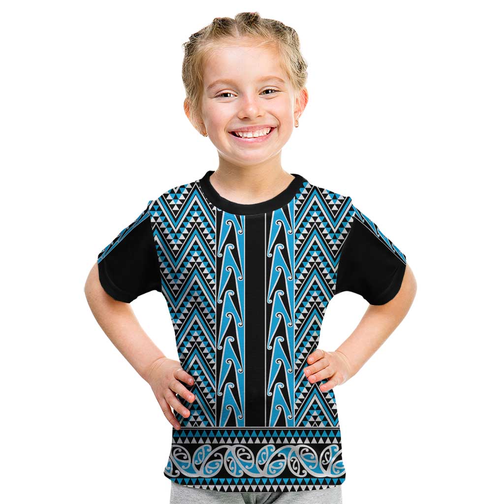New Zealand Maori Niho Taniwha Kid T Shirt Kikorangi Mangopare and Puhoro Pattern