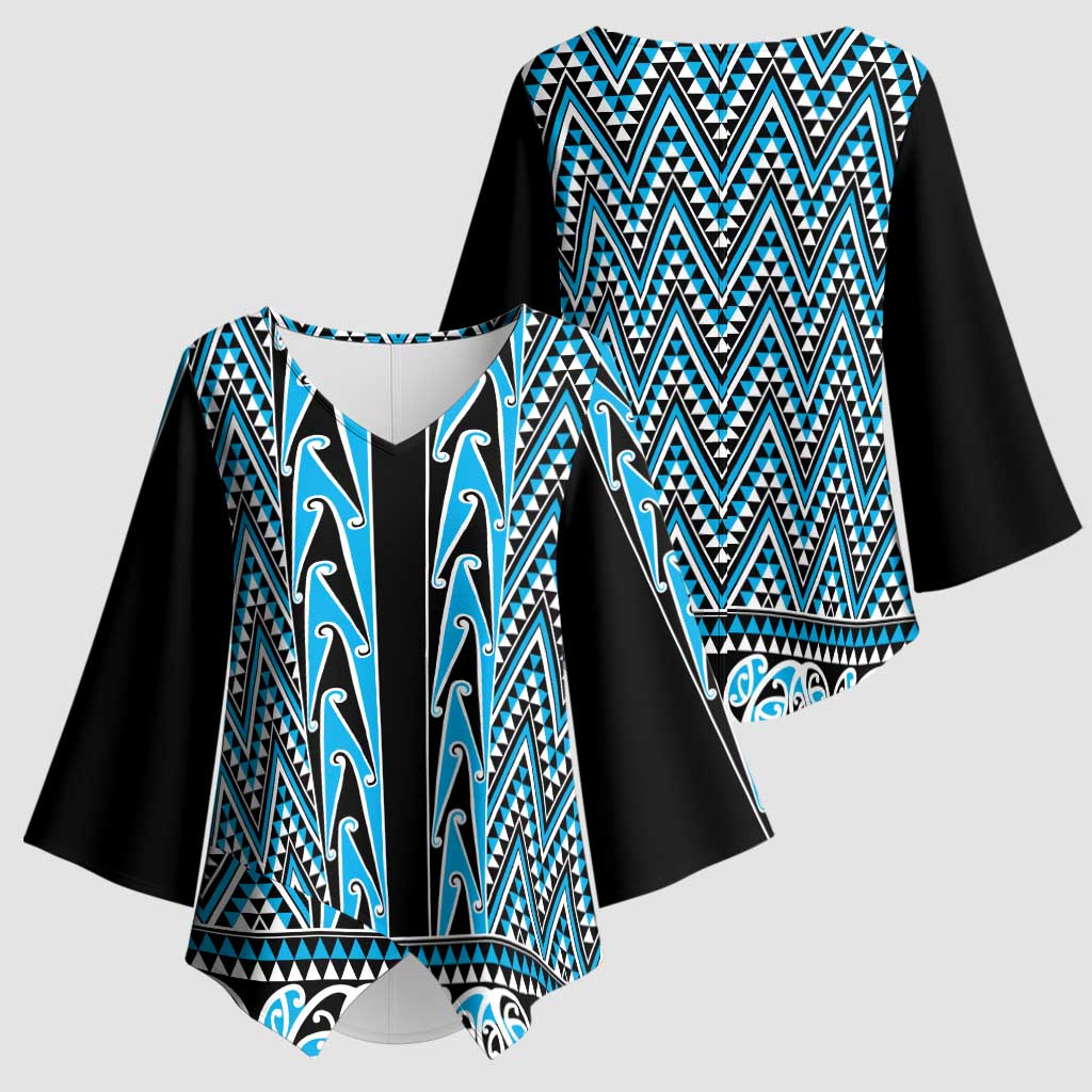 New Zealand Maori Niho Taniwha Kimono Sleeve Blouse Kikorangi Mangopare and Puhoro Pattern - Polynesian Pride