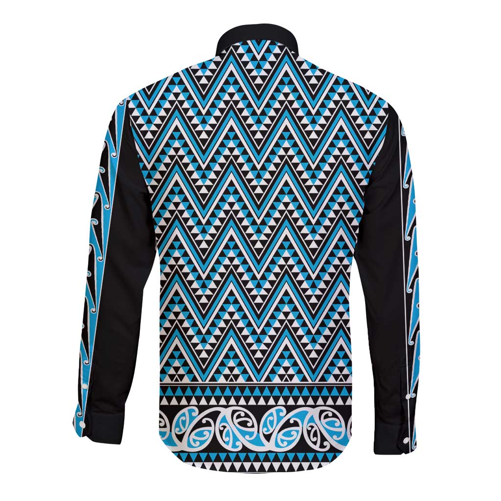 New Zealand Maori Niho Taniwha Long Sleeve Button Shirt Kikorangi Mangopare and Puhoro Pattern