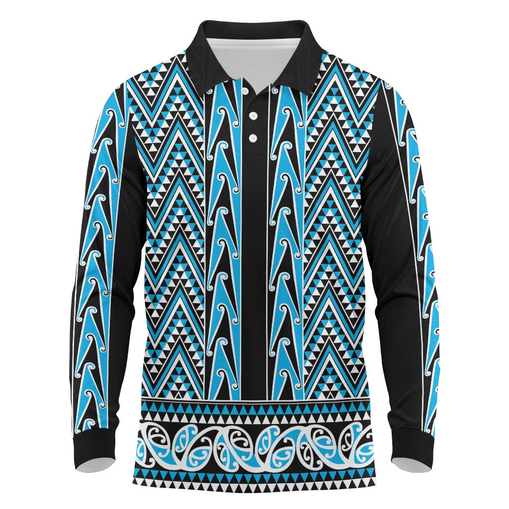 New Zealand Maori Niho Taniwha Long Sleeve Polo Shirt Kikorangi Mangopare and Puhoro Pattern