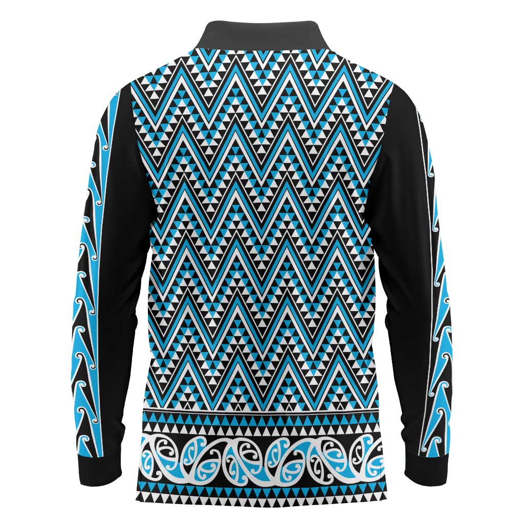 New Zealand Maori Niho Taniwha Long Sleeve Polo Shirt Kikorangi Mangopare and Puhoro Pattern