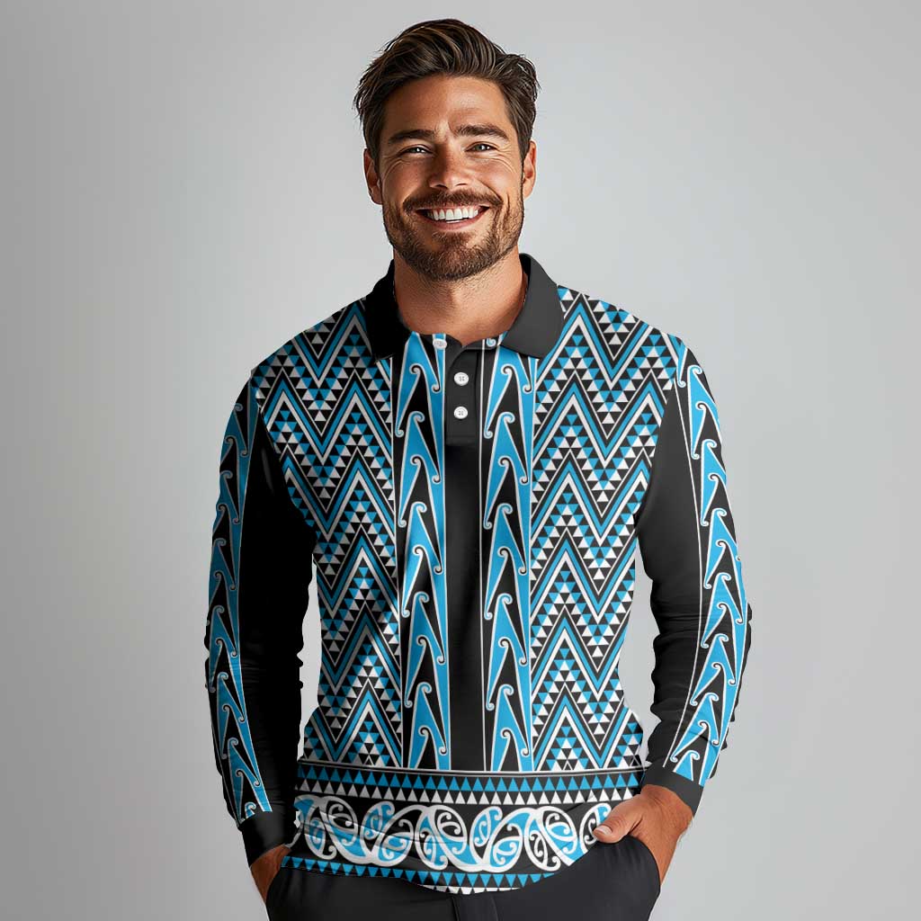 New Zealand Maori Niho Taniwha Long Sleeve Polo Shirt Kikorangi Mangopare and Puhoro Pattern