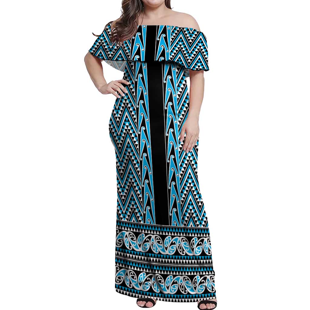 New Zealand Maori Niho Taniwha Off Shoulder Maxi Dress Kikorangi Mangopare and Puhoro Pattern