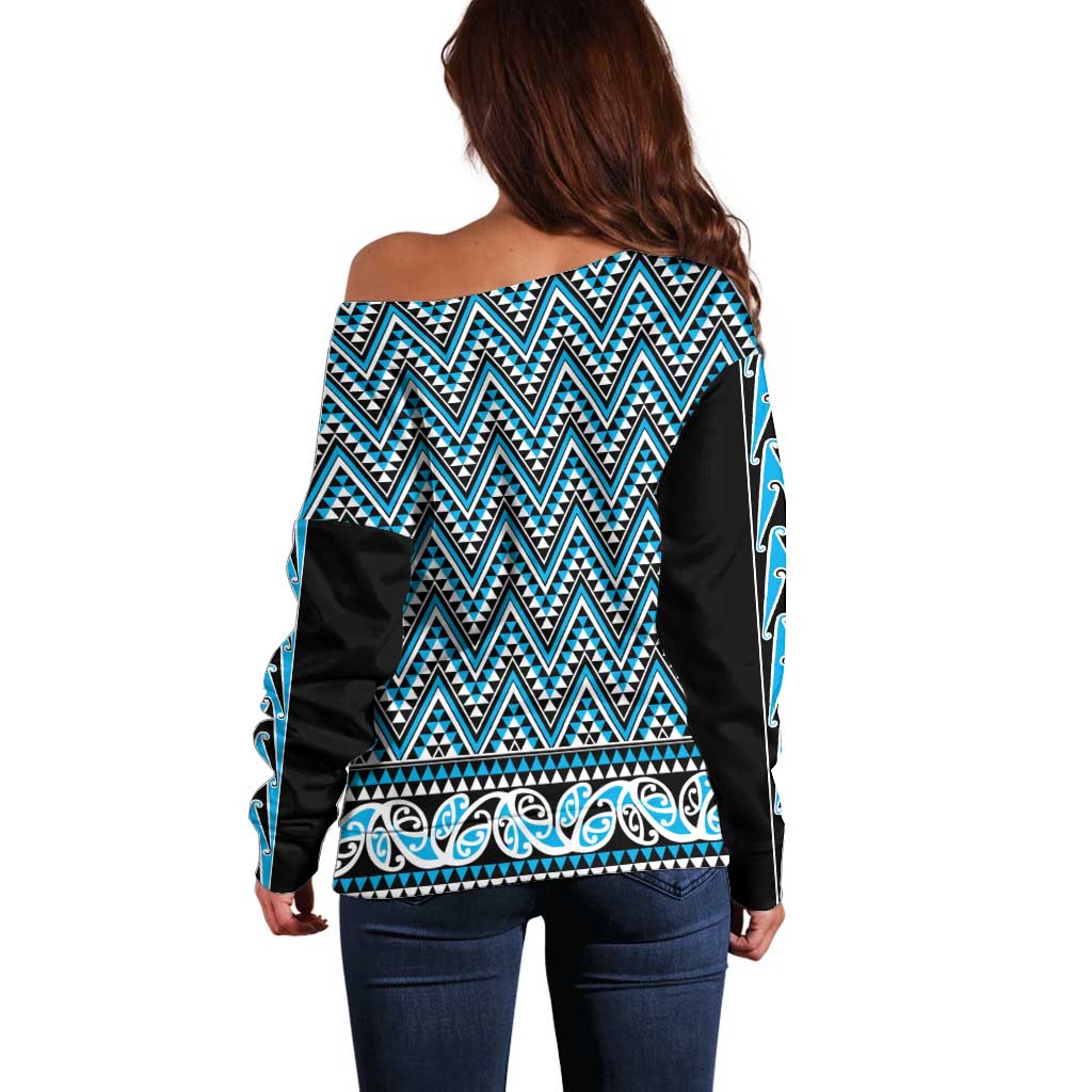 New Zealand Maori Niho Taniwha Off Shoulder Sweater Kikorangi Mangopare and Puhoro Pattern