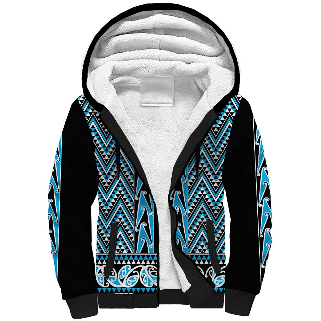 New Zealand Maori Niho Taniwha Sherpa Hoodie Kikorangi Mangopare and Puhoro Pattern