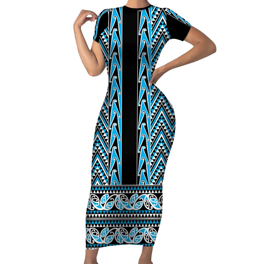 New Zealand Maori Niho Taniwha Short Sleeve Bodycon Dress Kikorangi Mangopare and Puhoro Pattern