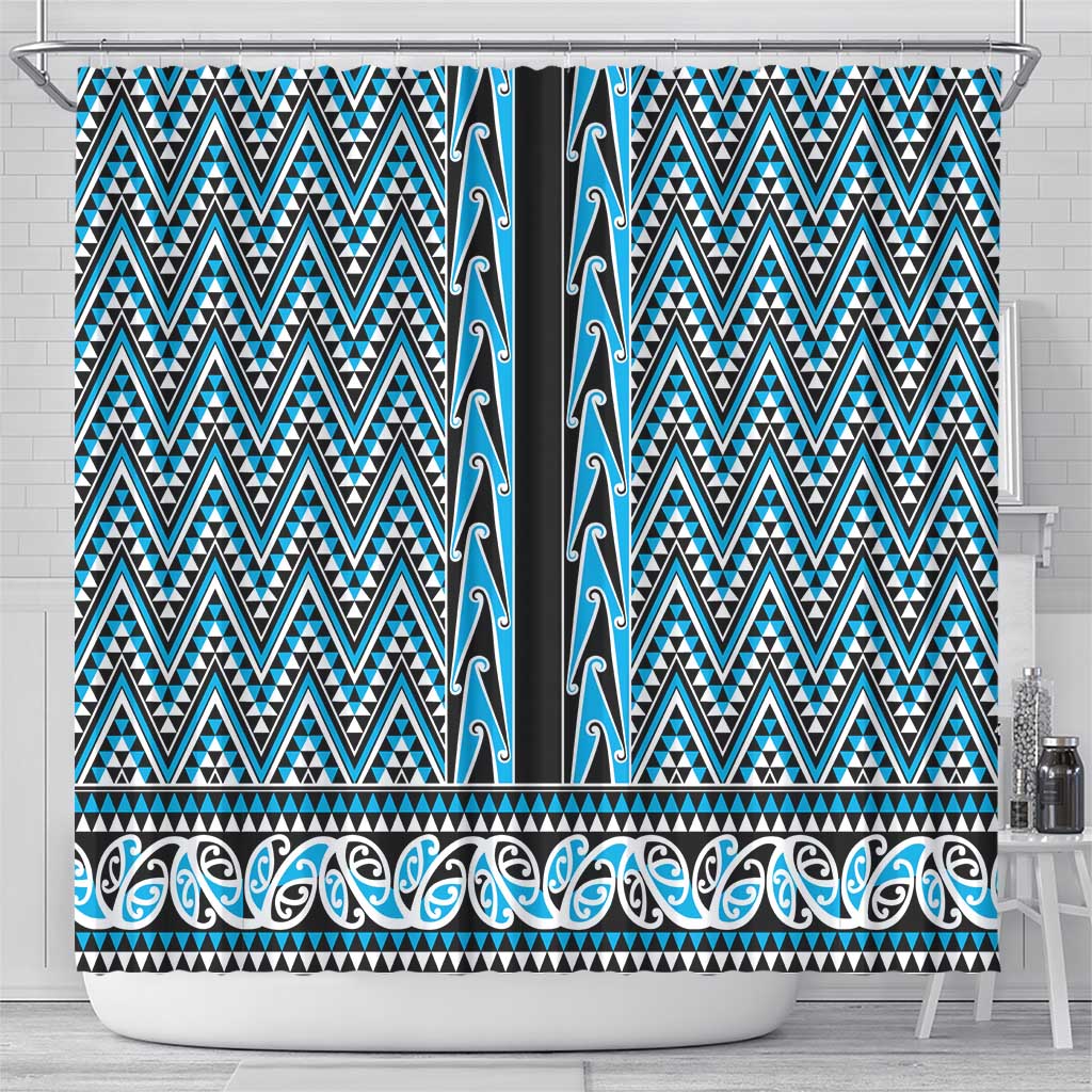 New Zealand Maori Niho Taniwha Shower Curtain Kikorangi Mangopare and Puhoro Pattern