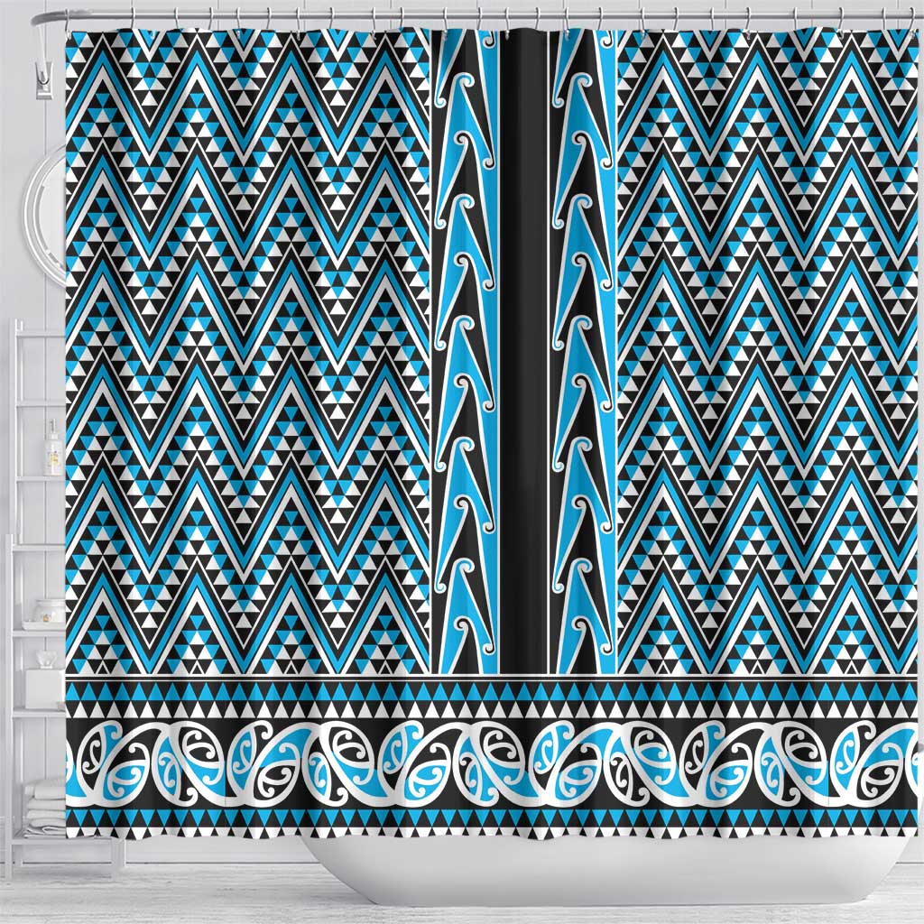 New Zealand Maori Niho Taniwha Shower Curtain Kikorangi Mangopare and Puhoro Pattern