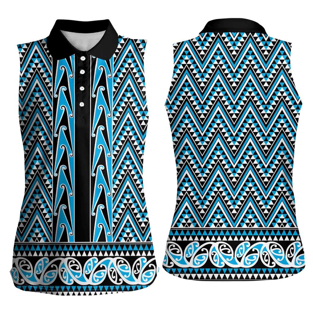 New Zealand Maori Niho Taniwha Women Sleeveless Polo Shirt Kikorangi Mangopare and Puhoro Pattern