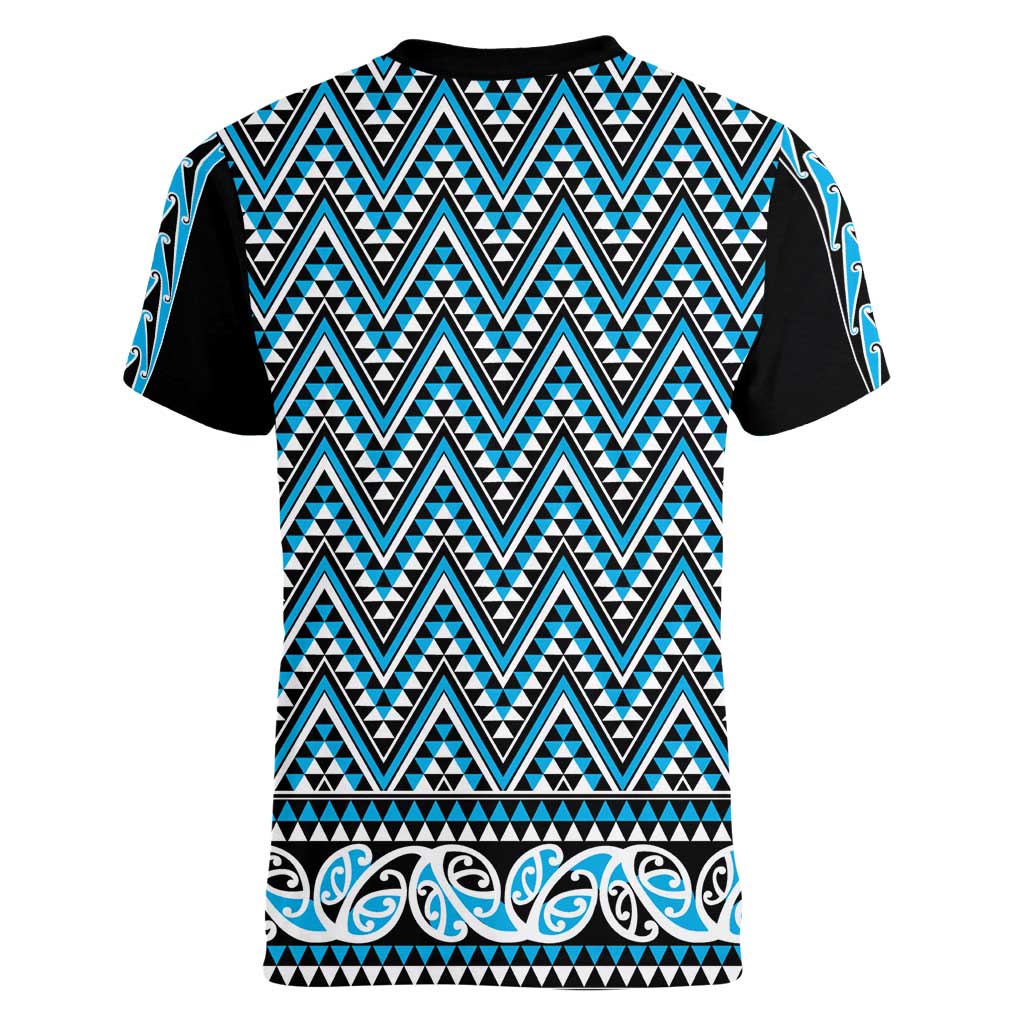 New Zealand Maori Niho Taniwha Women V-Neck T-Shirt Kikorangi Mangopare and Puhoro Pattern