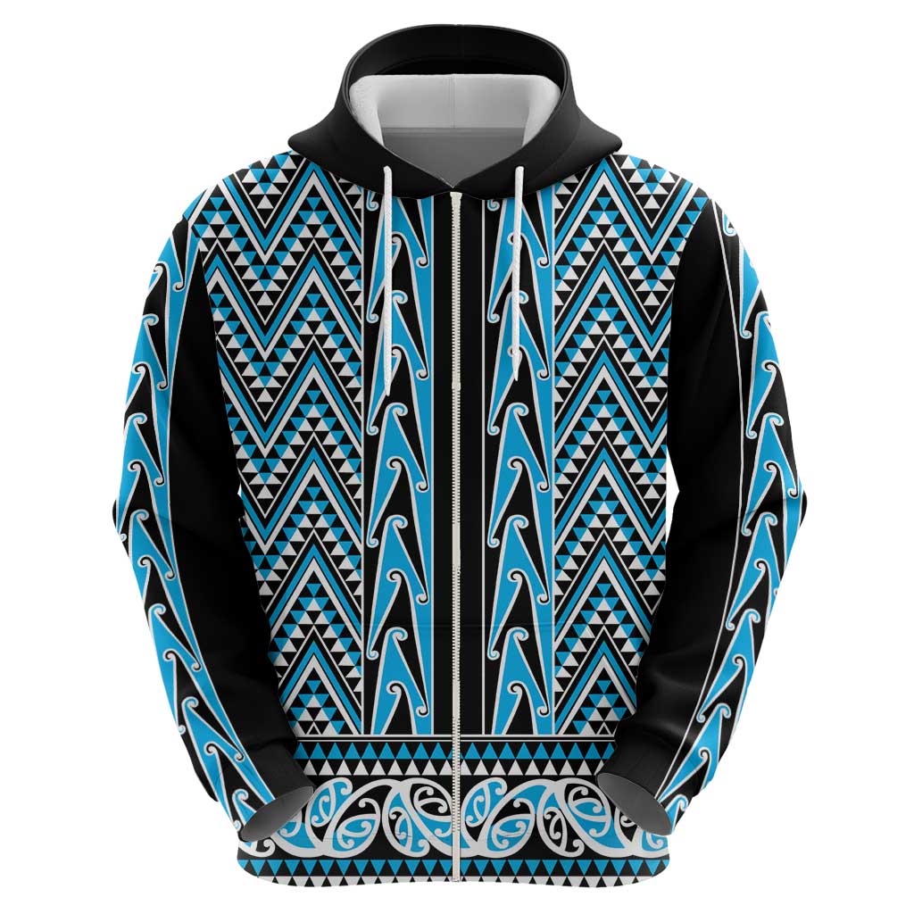 New Zealand Maori Niho Taniwha Zip Hoodie Kikorangi Mangopare and Puhoro Pattern