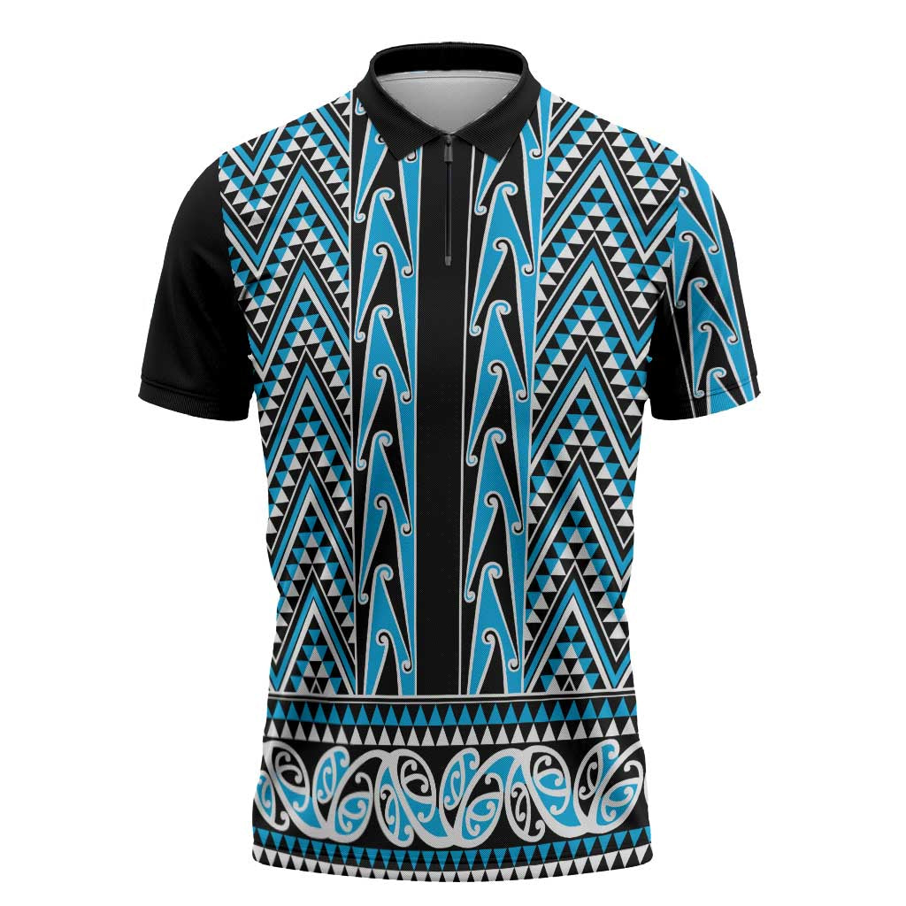 New Zealand Maori Niho Taniwha Zipper Polo Shirt Kikorangi Mangopare and Puhoro Pattern - Polynesian Pride