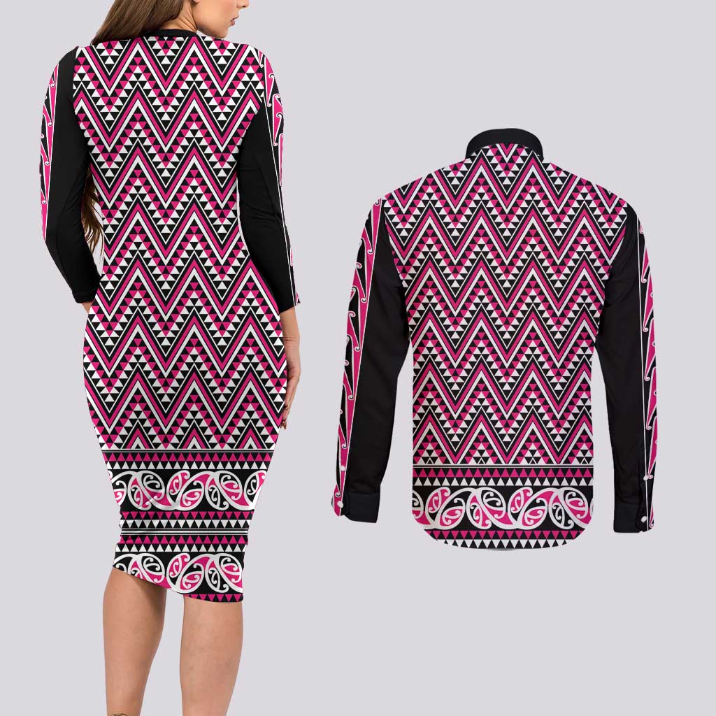 New Zealand Maori Niho Taniwha Couples Matching Long Sleeve Bodycon Dress and Long Sleeve Button Shirt Mawhero Mangopare and Puhoro Pattern