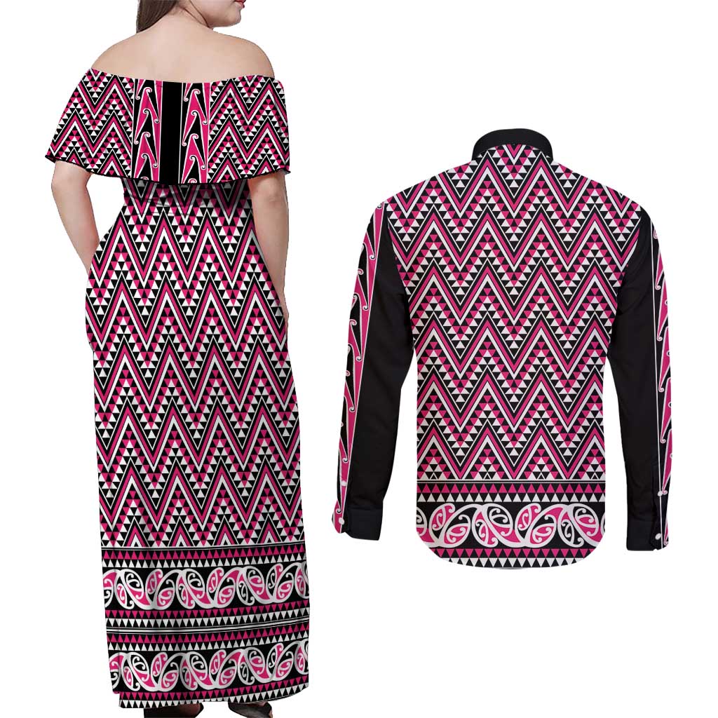 New Zealand Maori Niho Taniwha Couples Matching Off Shoulder Maxi Dress and Long Sleeve Button Shirt Mawhero Mangopare and Puhoro Pattern