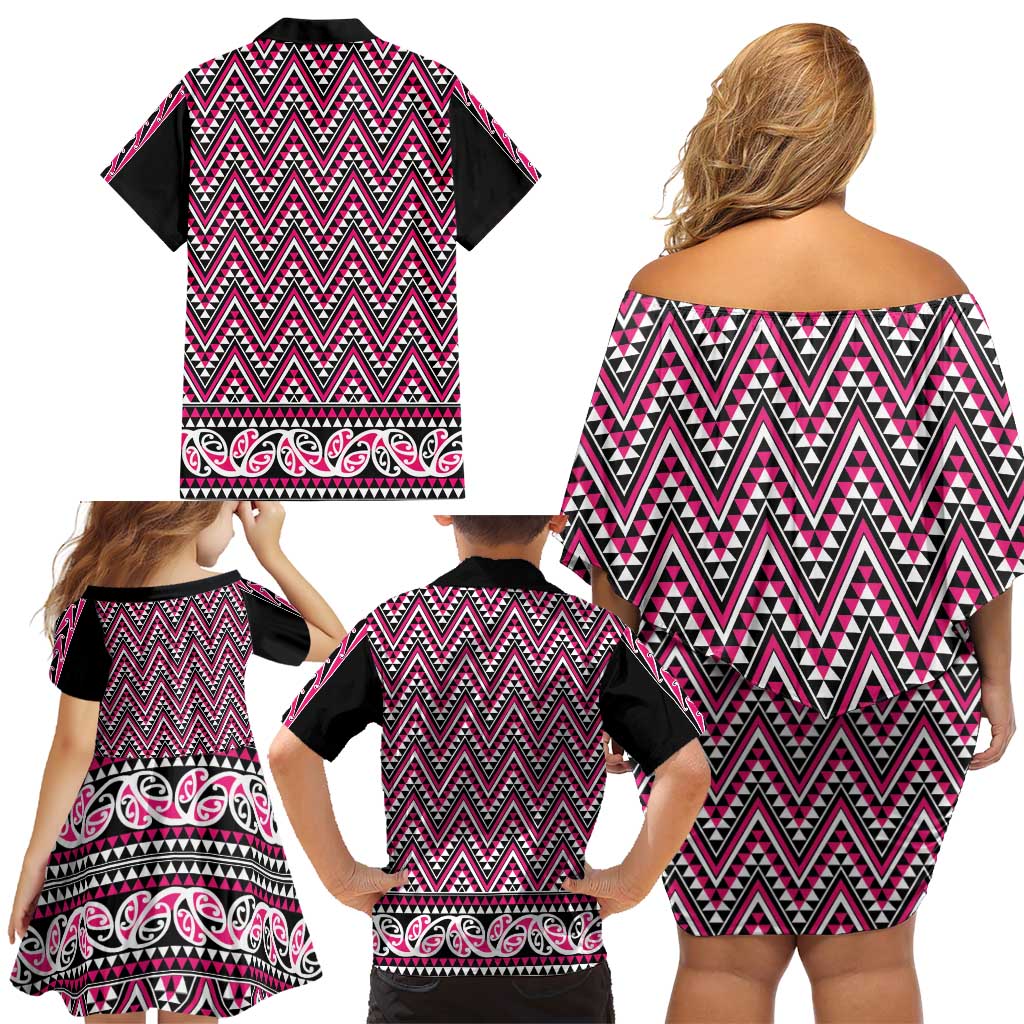 New Zealand Maori Niho Taniwha Family Matching Off Shoulder Short Dress and Hawaiian Shirt Mawhero Mangopare and Puhoro Pattern
