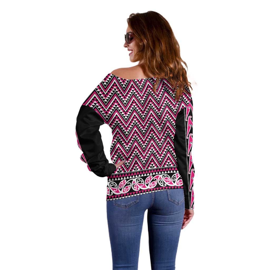 New Zealand Maori Niho Taniwha Off Shoulder Sweater Mawhero Mangopare and Puhoro Pattern