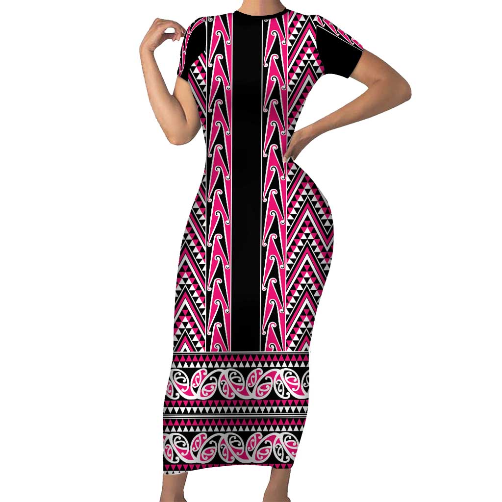 New Zealand Maori Niho Taniwha Short Sleeve Bodycon Dress Mawhero Mangopare and Puhoro Pattern