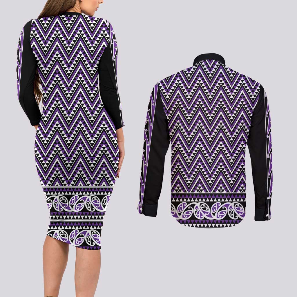 New Zealand Maori Niho Taniwha Couples Matching Long Sleeve Bodycon Dress and Long Sleeve Button Shirt Waiporopo Mangopare and Puhoro Pattern
