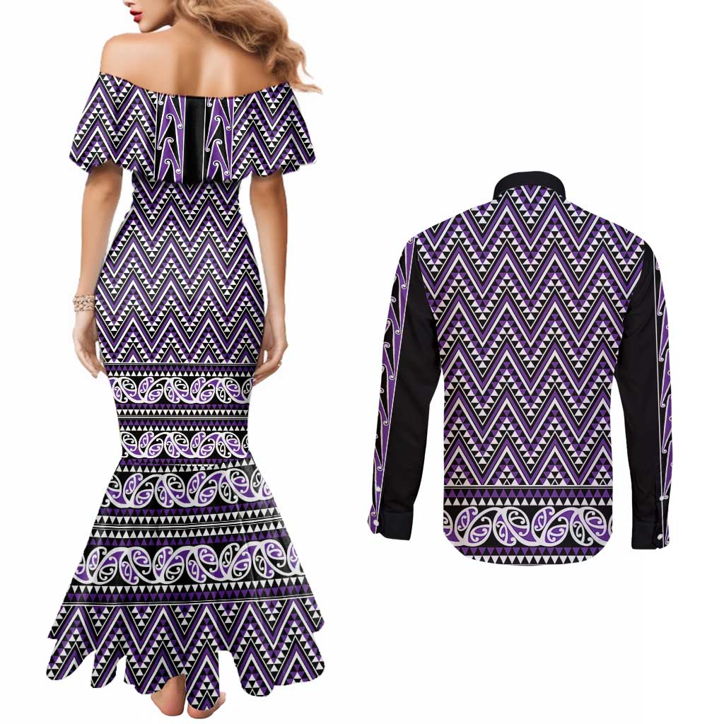 New Zealand Maori Niho Taniwha Couples Matching Mermaid Dress and Long Sleeve Button Shirt Waiporopo Mangopare and Puhoro Pattern