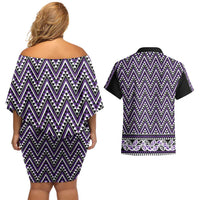 New Zealand Maori Niho Taniwha Couples Matching Off Shoulder Short Dress and Hawaiian Shirt Waiporopo Mangopare and Puhoro Pattern
