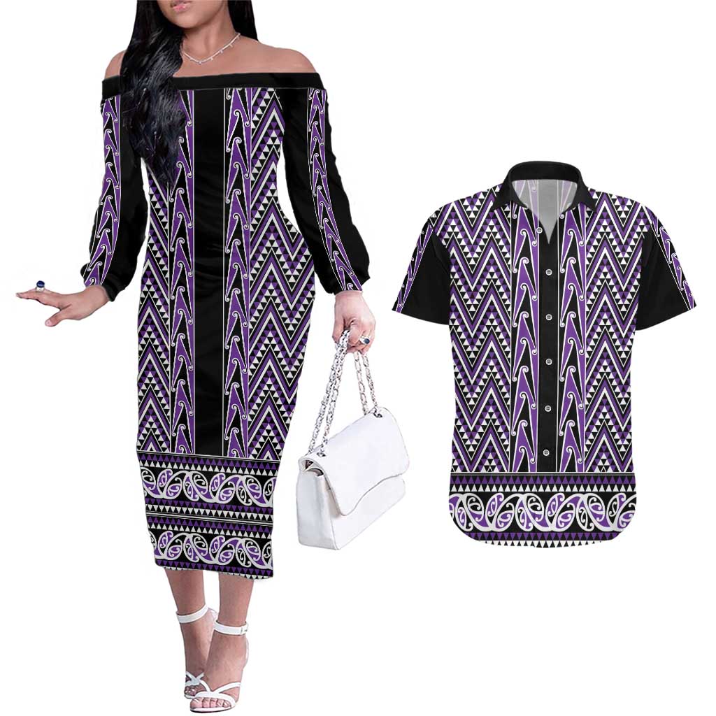 New Zealand Maori Niho Taniwha Couples Matching Off The Shoulder Long Sleeve Dress and Hawaiian Shirt Waiporopo Mangopare and Puhoro Pattern