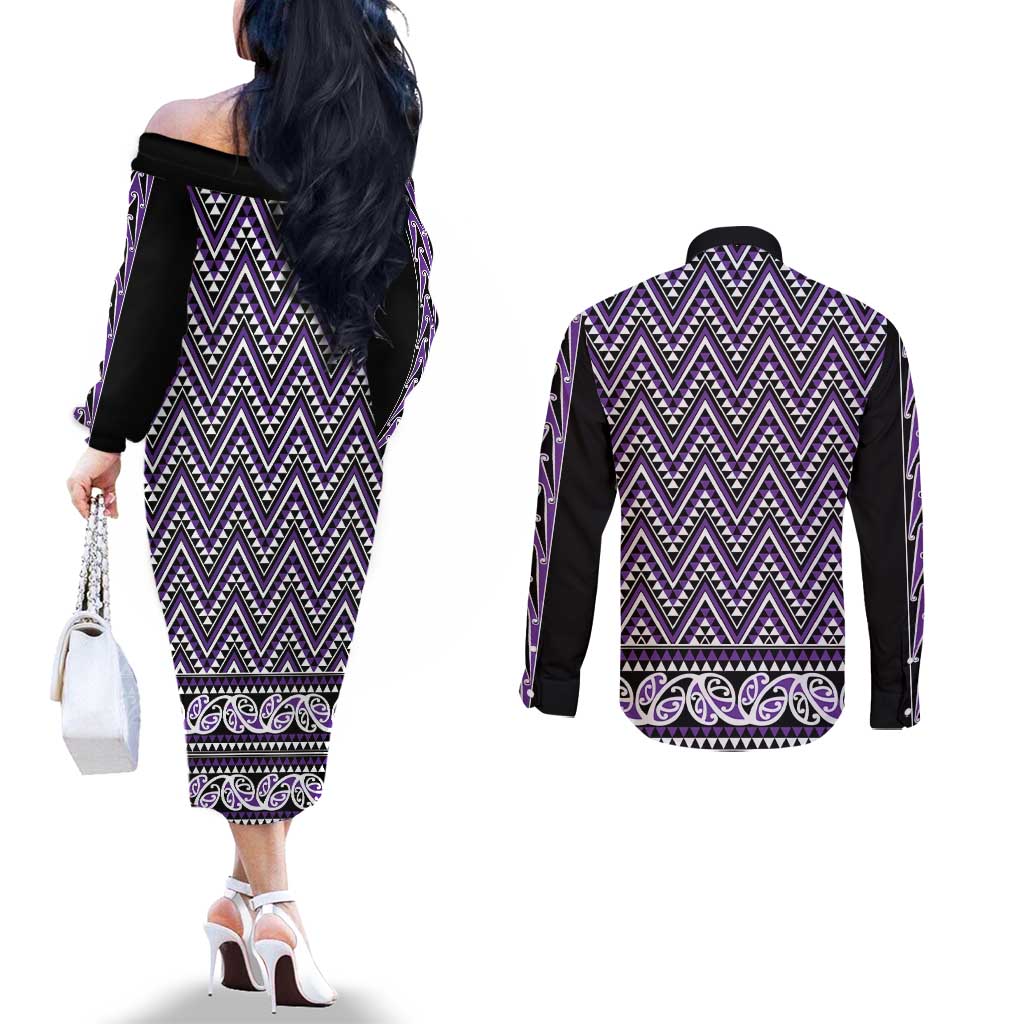 New Zealand Maori Niho Taniwha Couples Matching Off The Shoulder Long Sleeve Dress and Long Sleeve Button Shirt Waiporopo Mangopare and Puhoro Pattern