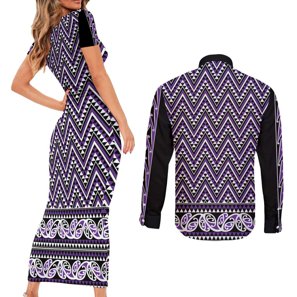 New Zealand Maori Niho Taniwha Couples Matching Short Sleeve Bodycon Dress and Long Sleeve Button Shirt Waiporopo Mangopare and Puhoro Pattern