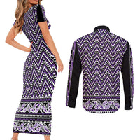 New Zealand Maori Niho Taniwha Couples Matching Short Sleeve Bodycon Dress and Long Sleeve Button Shirt Waiporopo Mangopare and Puhoro Pattern