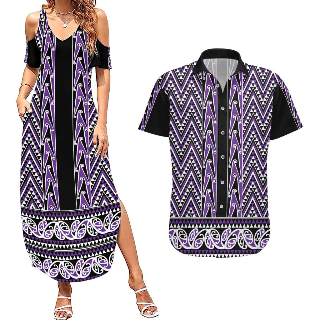 New Zealand Maori Niho Taniwha Couples Matching Summer Maxi Dress and Hawaiian Shirt Waiporopo Mangopare and Puhoro Pattern