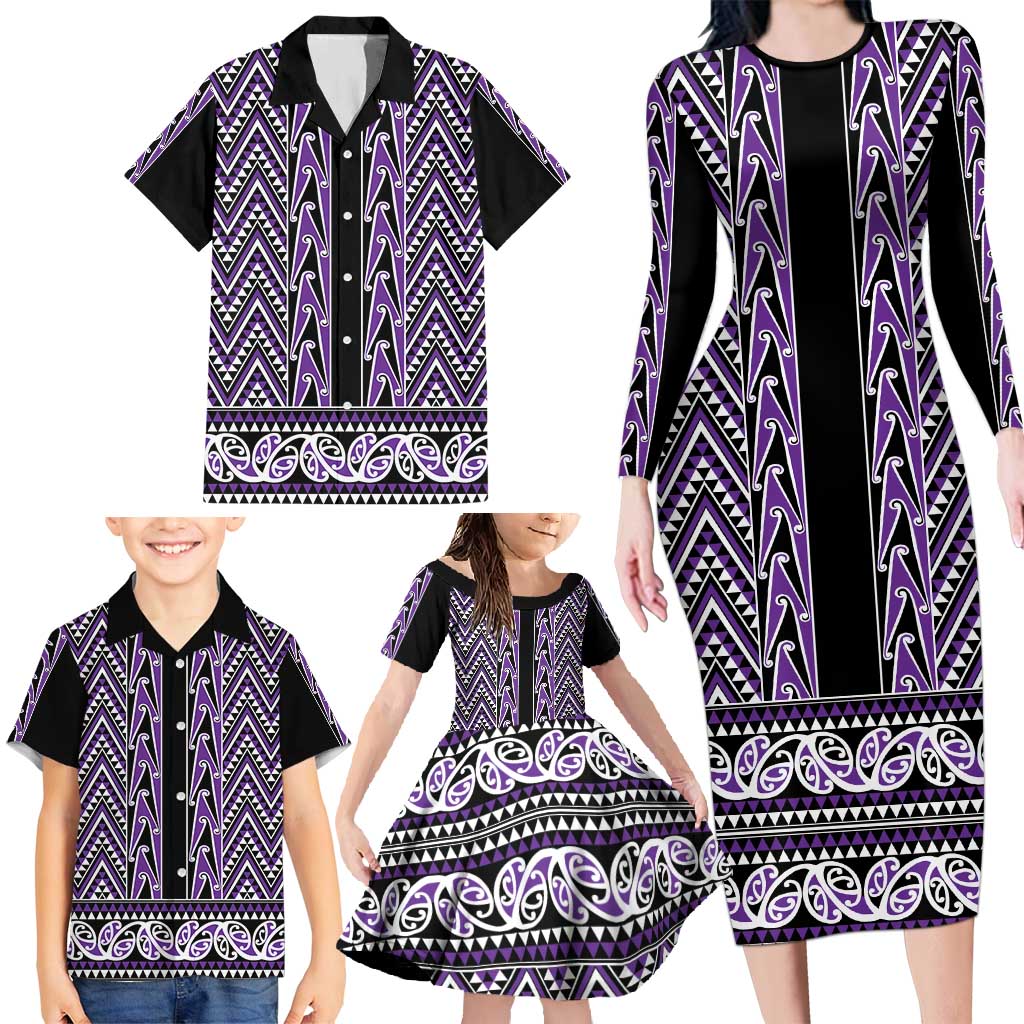New Zealand Maori Niho Taniwha Family Matching Long Sleeve Bodycon Dress and Hawaiian Shirt Waiporopo Mangopare and Puhoro Pattern