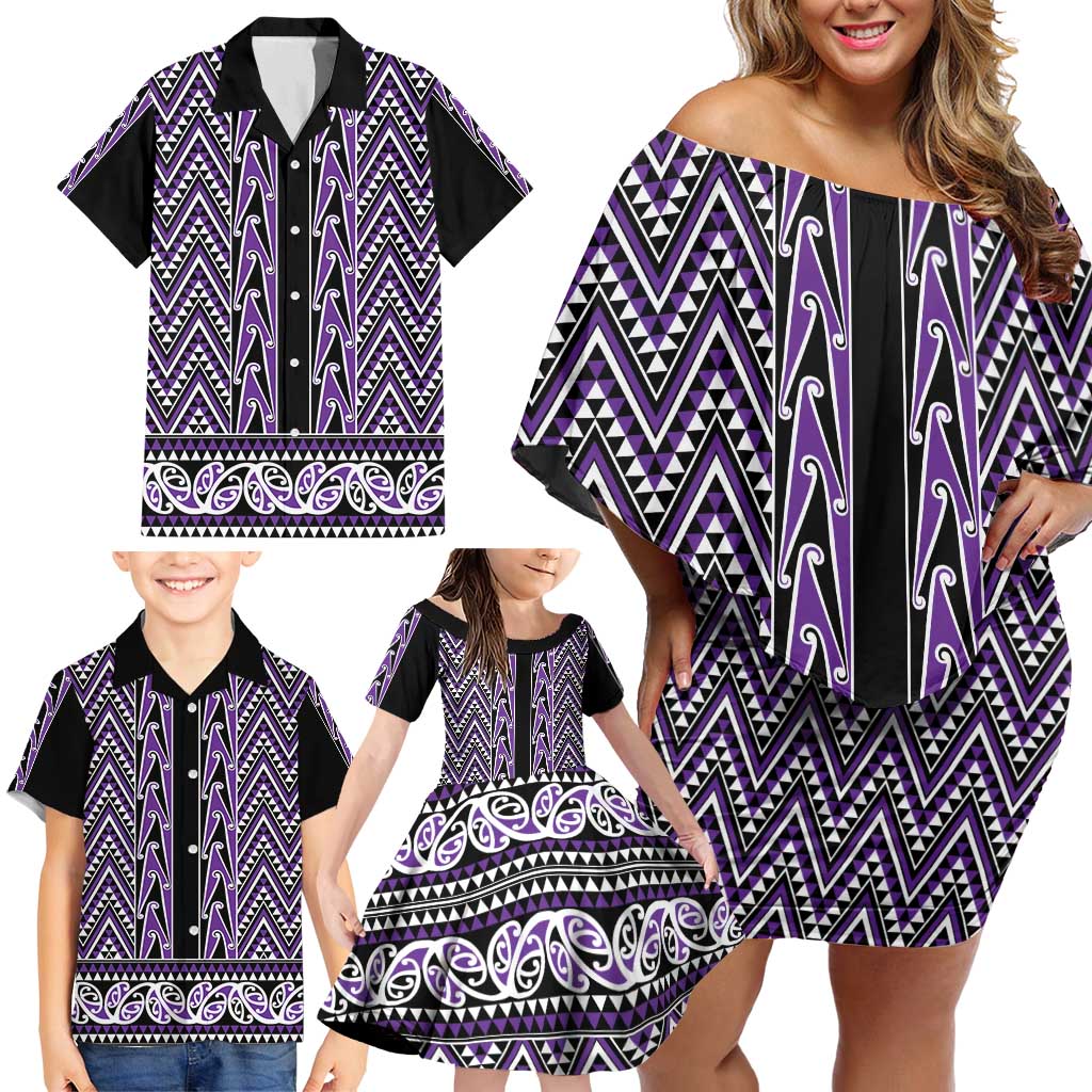 New Zealand Maori Niho Taniwha Family Matching Off Shoulder Short Dress and Hawaiian Shirt Waiporopo Mangopare and Puhoro Pattern