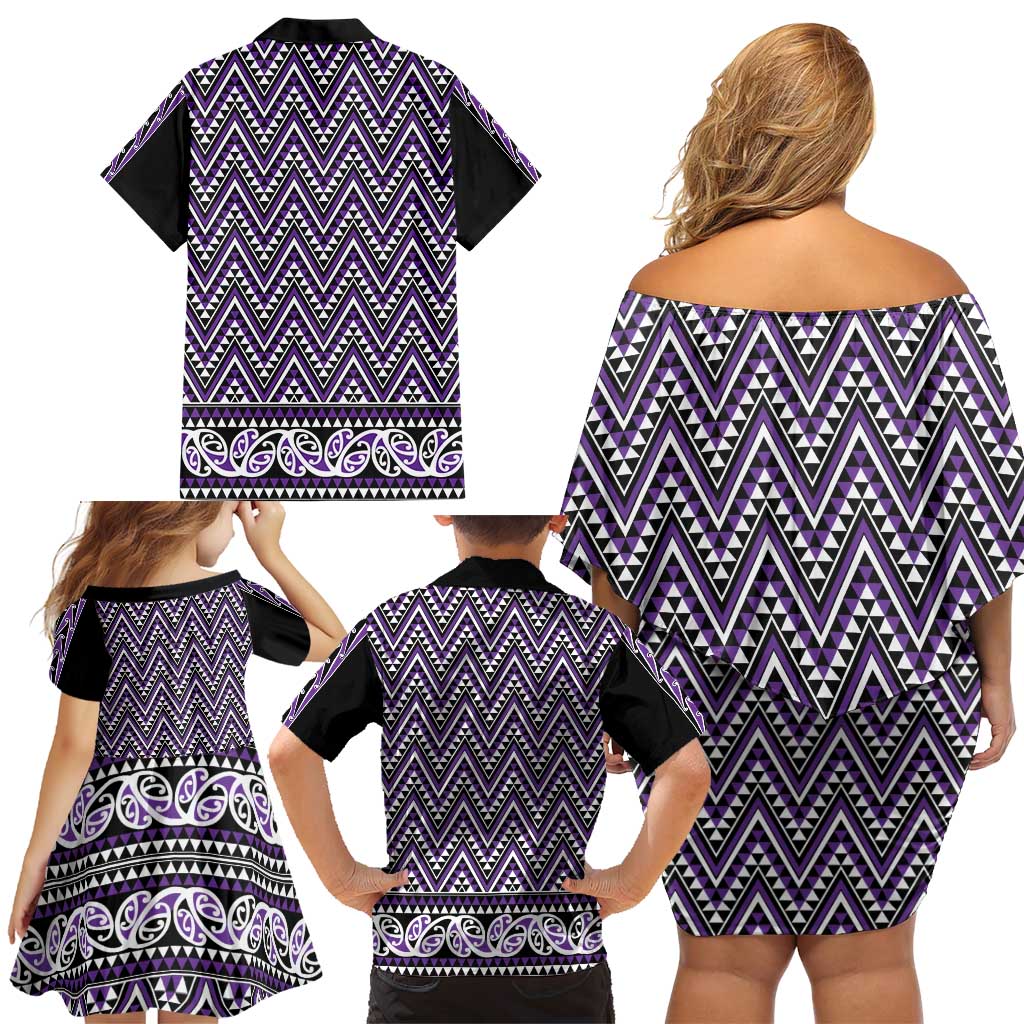 New Zealand Maori Niho Taniwha Family Matching Off Shoulder Short Dress and Hawaiian Shirt Waiporopo Mangopare and Puhoro Pattern