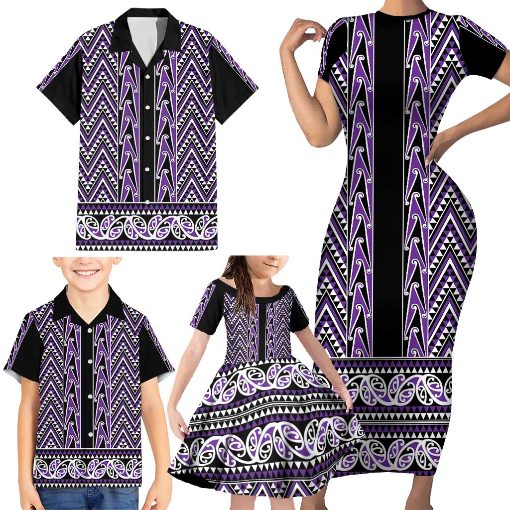 New Zealand Maori Niho Taniwha Family Matching Short Sleeve Bodycon Dress and Hawaiian Shirt Waiporopo Mangopare and Puhoro Pattern