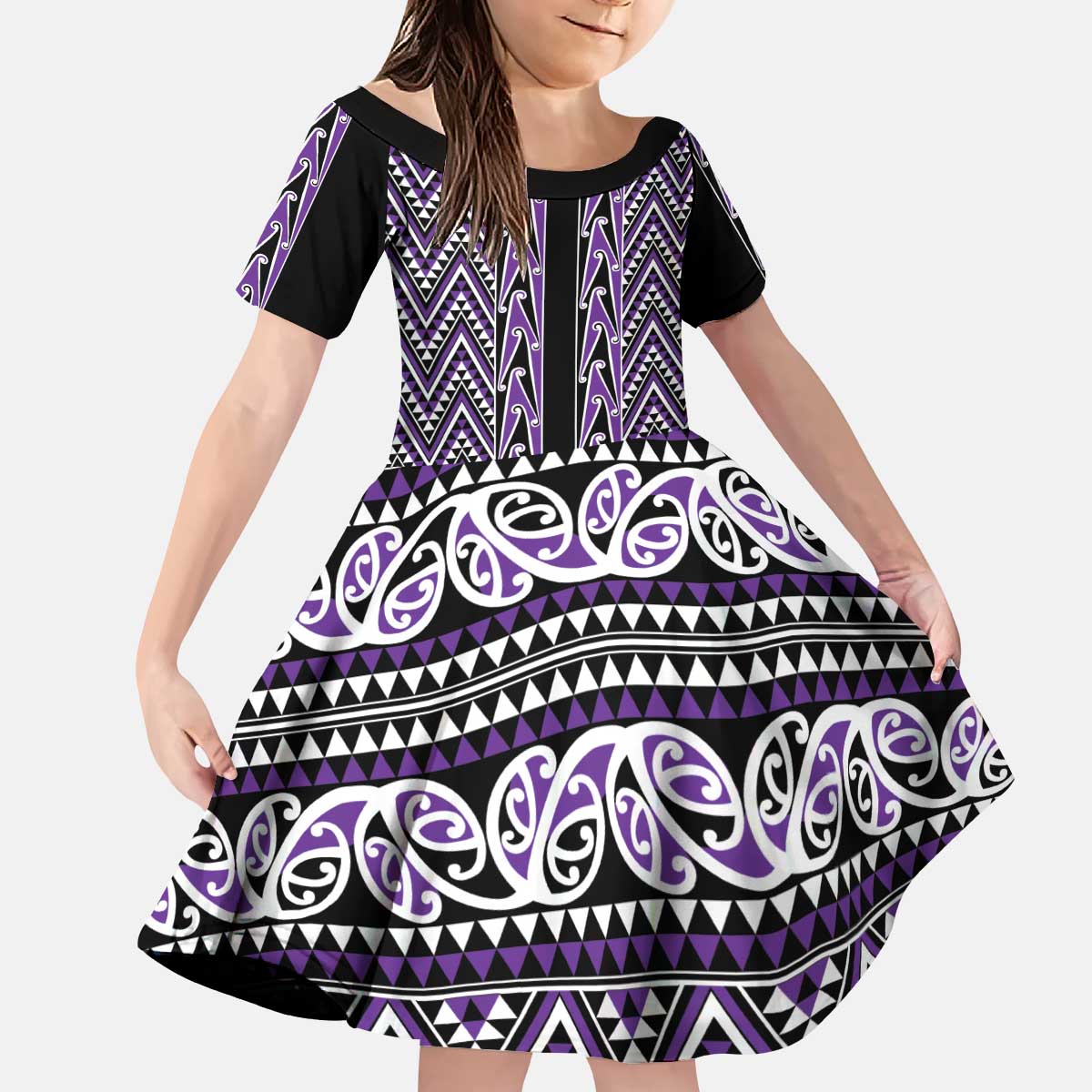 New Zealand Maori Niho Taniwha Kid Short Sleeve Dress Waiporopo Mangopare and Puhoro Pattern