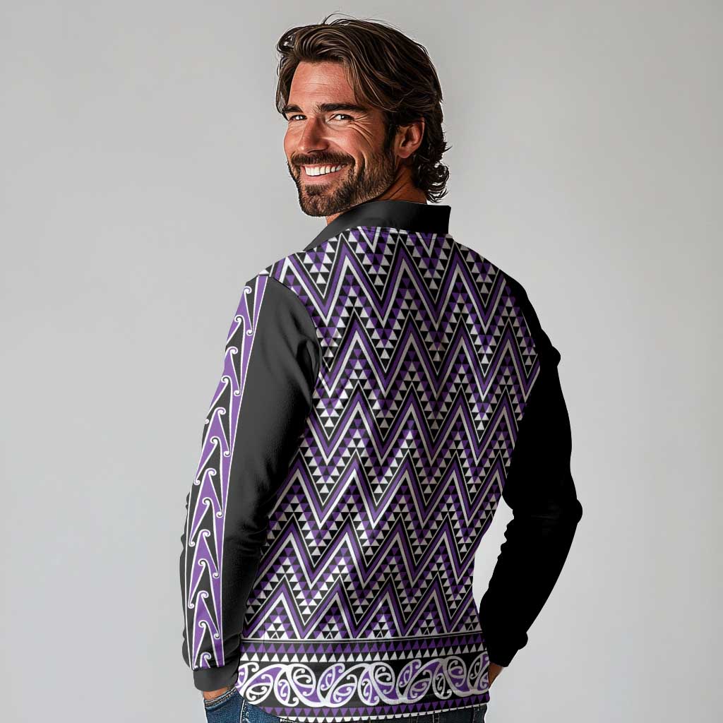 New Zealand Maori Niho Taniwha Long Sleeve Polo Shirt Waiporopo Mangopare and Puhoro Pattern