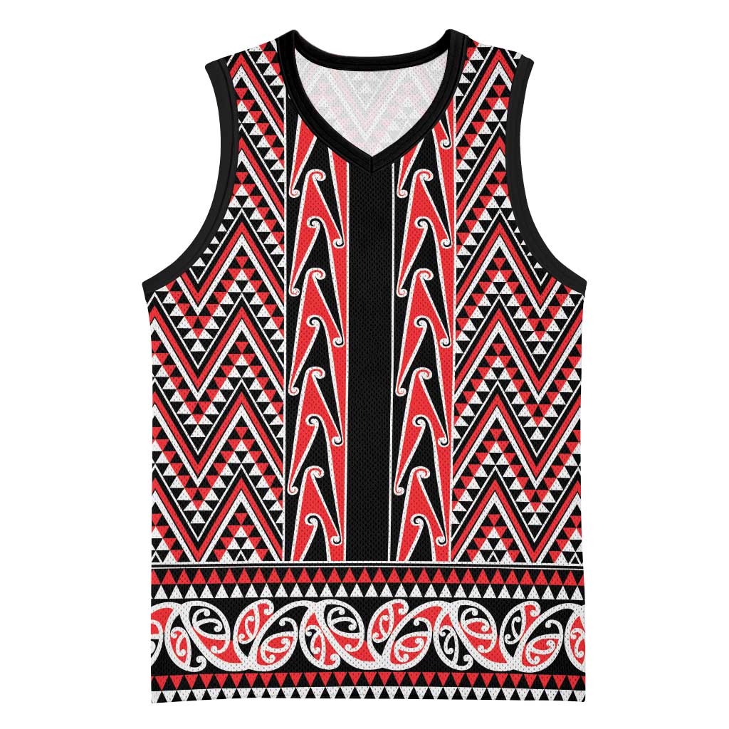 New Zealand Maori Niho Taniwha Basketball Jersey Whero Mangopare and Puhoro Pattern - Polynesian Pride
