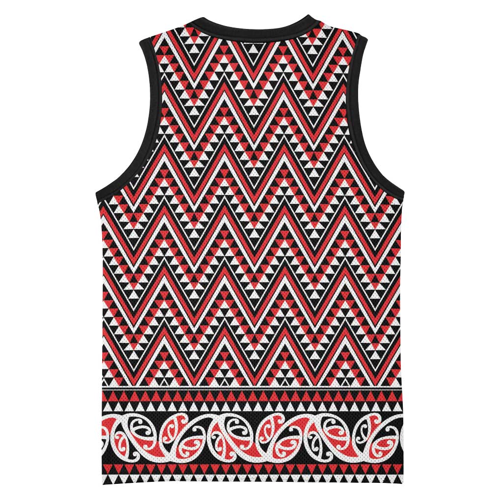 New Zealand Maori Niho Taniwha Basketball Jersey Whero Mangopare and Puhoro Pattern - Polynesian Pride
