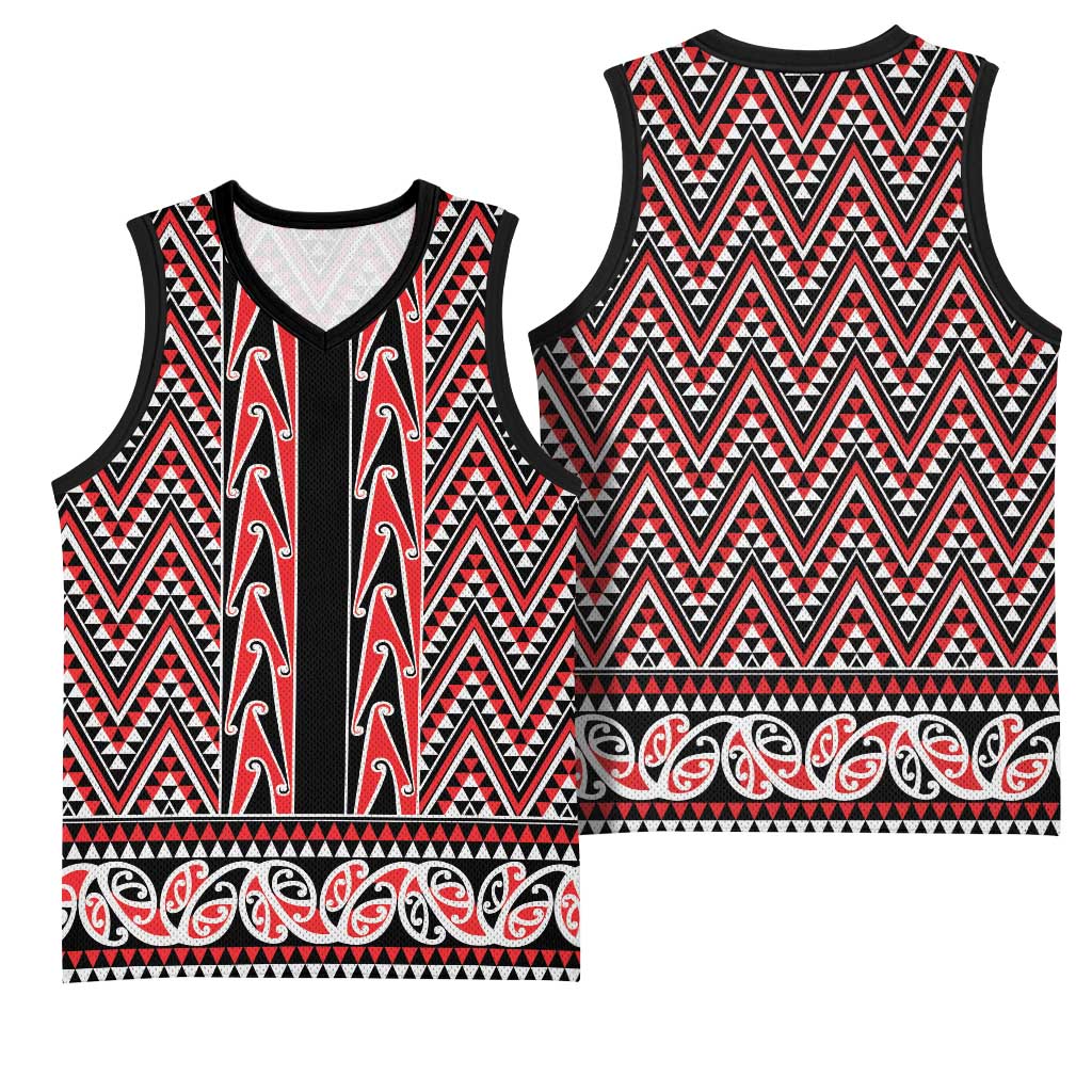 New Zealand Maori Niho Taniwha Basketball Jersey Whero Mangopare and Puhoro Pattern - Polynesian Pride
