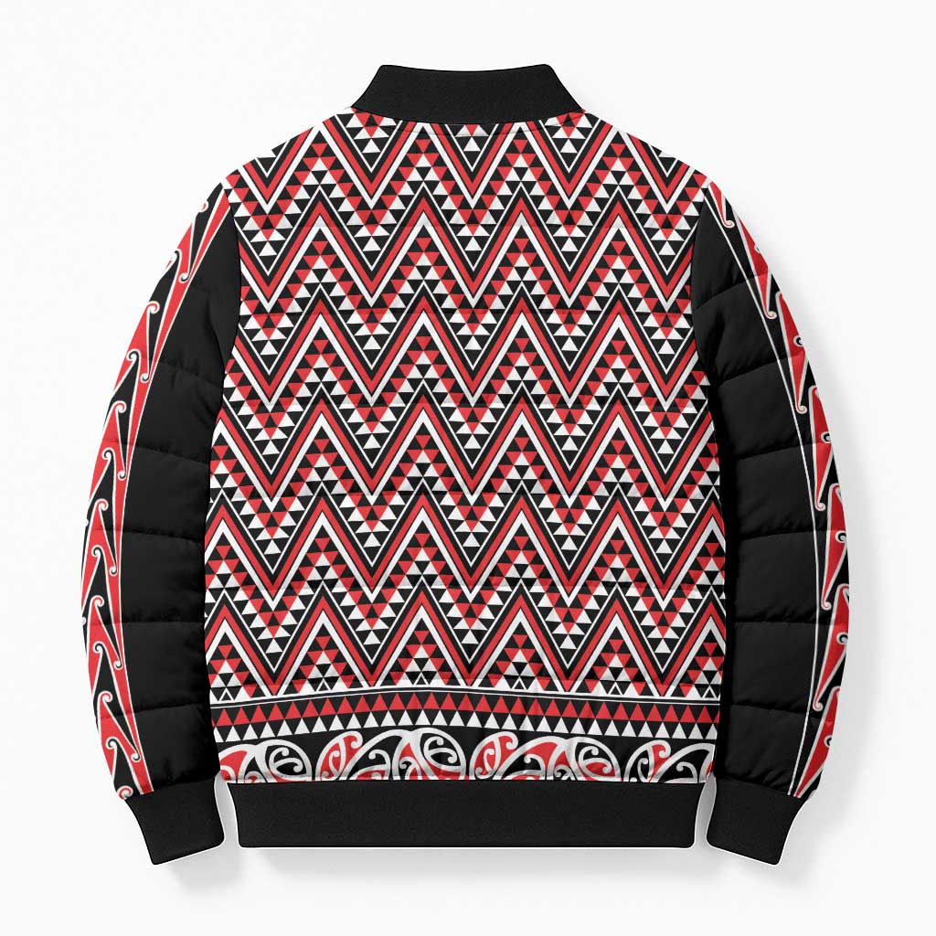 New Zealand Maori Niho Taniwha Bomber Puffer Jacket Whero Mangopare and Puhoro Pattern - Polynesian Pride