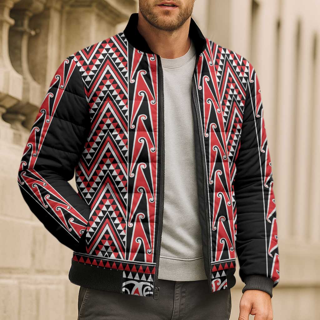 New Zealand Maori Niho Taniwha Bomber Puffer Jacket Whero Mangopare and Puhoro Pattern - Polynesian Pride
