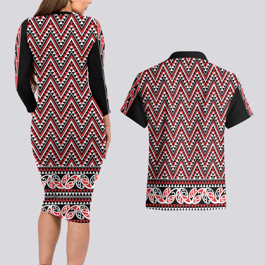 New Zealand Maori Niho Taniwha Couples Matching Long Sleeve Bodycon Dress and Hawaiian Shirt Whero Mangopare and Puhoro Pattern