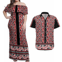 New Zealand Maori Niho Taniwha Couples Matching Off Shoulder Maxi Dress and Hawaiian Shirt Whero Mangopare and Puhoro Pattern
