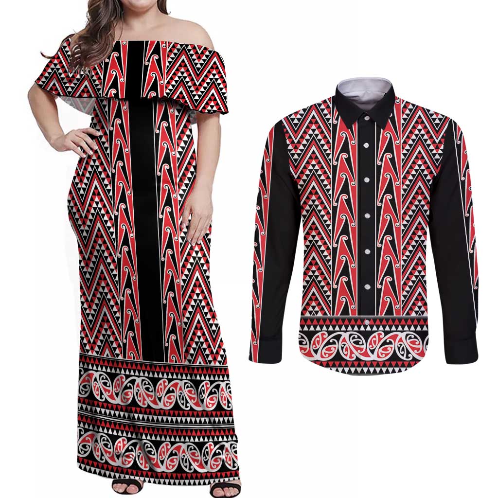 New Zealand Maori Niho Taniwha Couples Matching Off Shoulder Maxi Dress and Long Sleeve Button Shirt Whero Mangopare and Puhoro Pattern