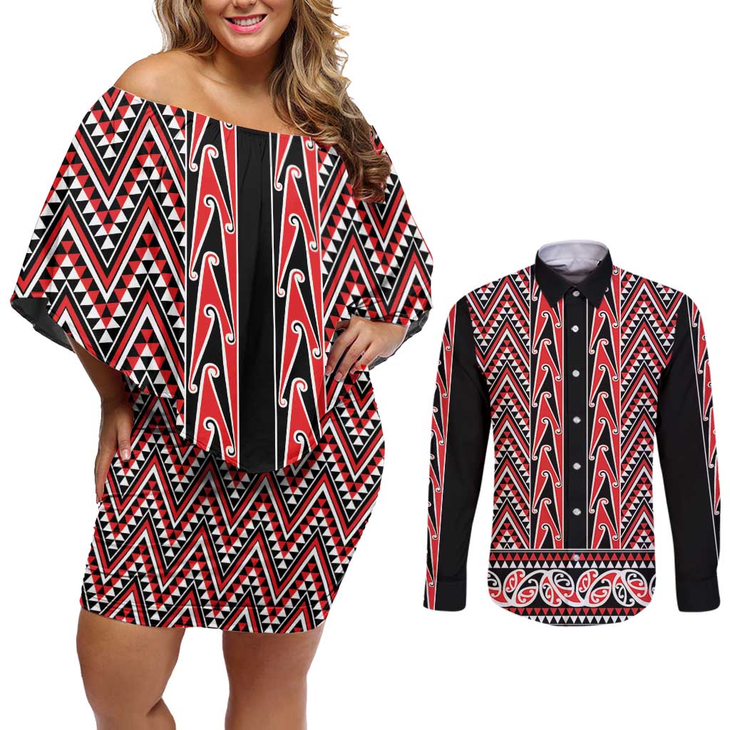 New Zealand Maori Niho Taniwha Couples Matching Off Shoulder Short Dress and Long Sleeve Button Shirt Whero Mangopare and Puhoro Pattern