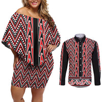 New Zealand Maori Niho Taniwha Couples Matching Off Shoulder Short Dress and Long Sleeve Button Shirt Whero Mangopare and Puhoro Pattern