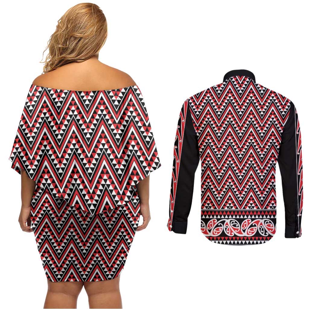 New Zealand Maori Niho Taniwha Couples Matching Off Shoulder Short Dress and Long Sleeve Button Shirt Whero Mangopare and Puhoro Pattern